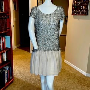 Alice+Olivia Sequined Baby Doll Dress Scoop Neck Short Sleeves Ruffle Miniskirt